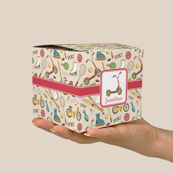 Vintage Sports Cube Favor Gift Box - On Hand - Scale View