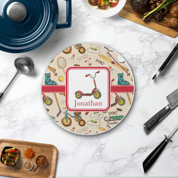 Vintage Sports Round Stone Trivet - In Context View