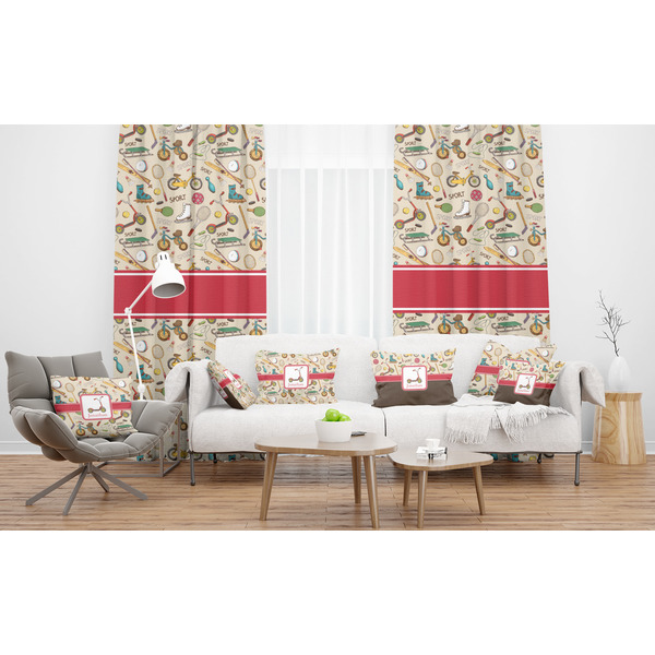 Vintage Sports Sheer and Custom Curtains in Room with Matching Pillows