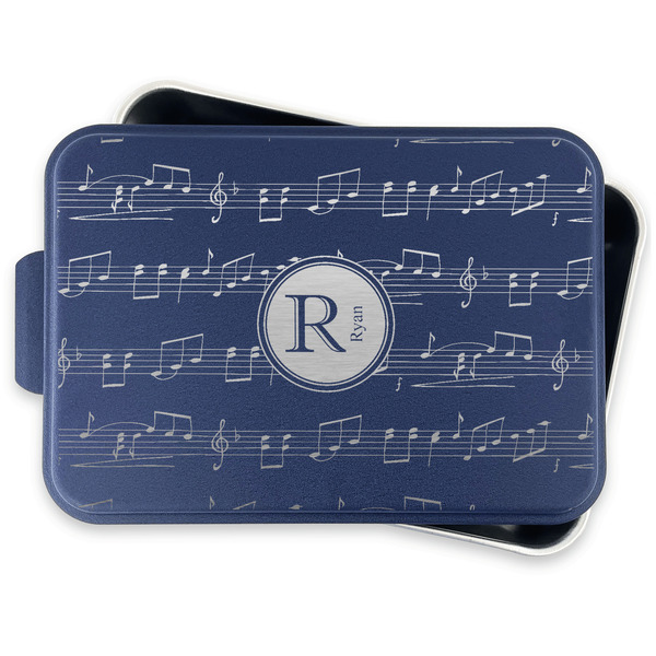 Musical Notes Aluminum Baking Pan - Navy Lid - FRONT w/lid off