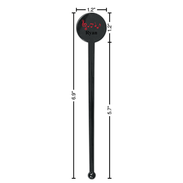 Musical Notes Black Plastic 7" Stir Stick - Round - Dimensions