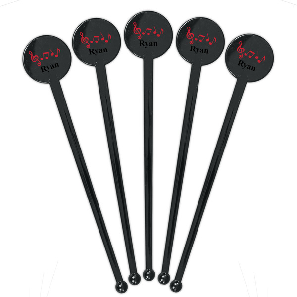 Musical Notes Black Plastic 7" Stir Stick - Round - Fan View