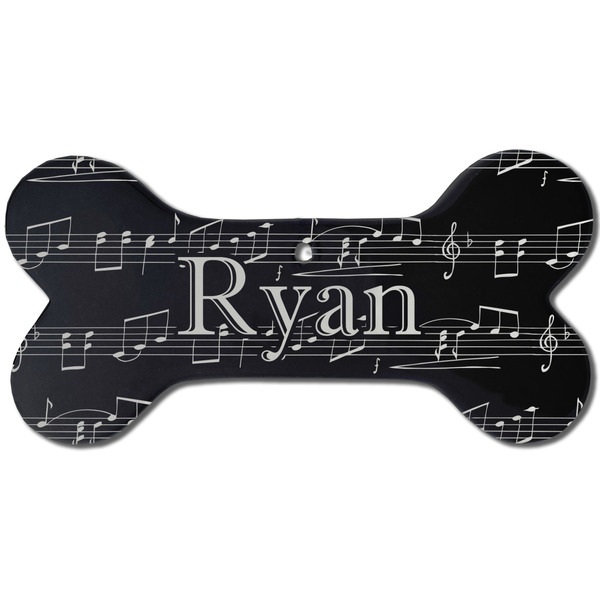 Custom Musical Notes Ceramic Dog Ornament - Front w/ Name and Initial