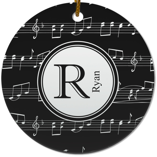 Custom Musical Notes Round Ceramic Ornament w/ Name and Initial