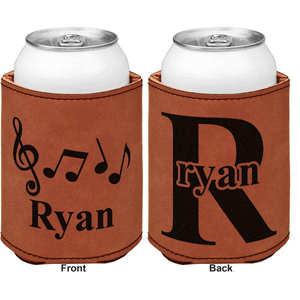 Musical Notes Cognac Leatherette Can Sleeve - Double Sided Front and Back