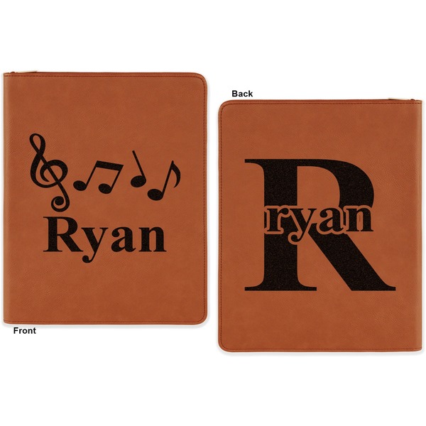 Musical Notes Cognac Leatherette Zipper Portfolios with Notepad - Double Sided - Apvl