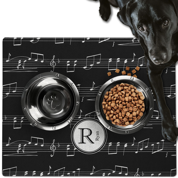 Custom Musical Notes Dog Food Mat - Large w/ Name and Initial