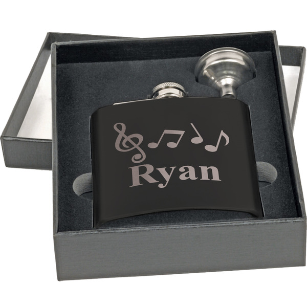 Musical Notes Engraved Black Flask Gift Set