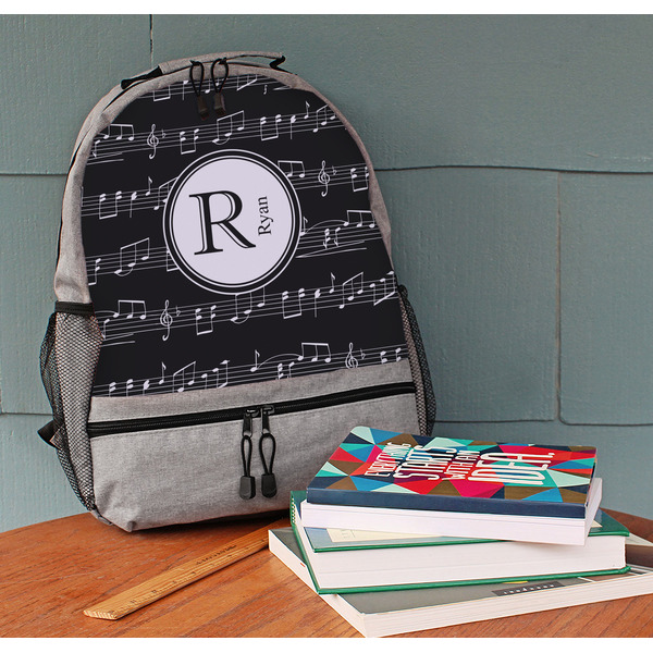 Musical Notes Large Backpack - Gray - On Desk