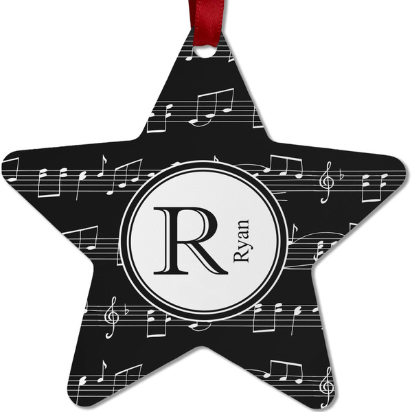 Custom Musical Notes Metal Star Ornament - Double Sided w/ Name and Initial