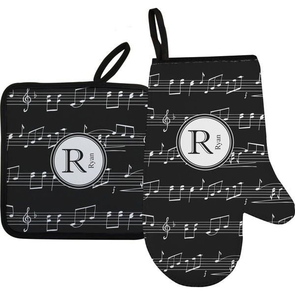 Custom Musical Notes Right Oven Mitt & Pot Holder Set w/ Name and Initial