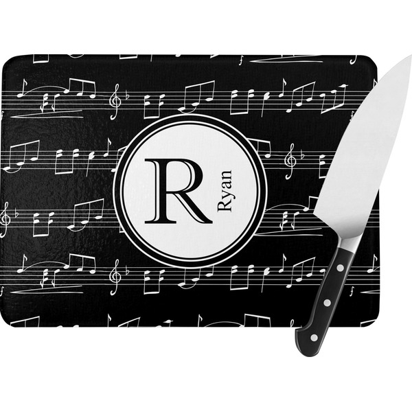 Custom Musical Notes Rectangular Glass Cutting Board - Large - 15.25"x11.25" w/ Name and Initial