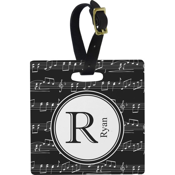 Custom Musical Notes Plastic Luggage Tag - Square w/ Name and Initial