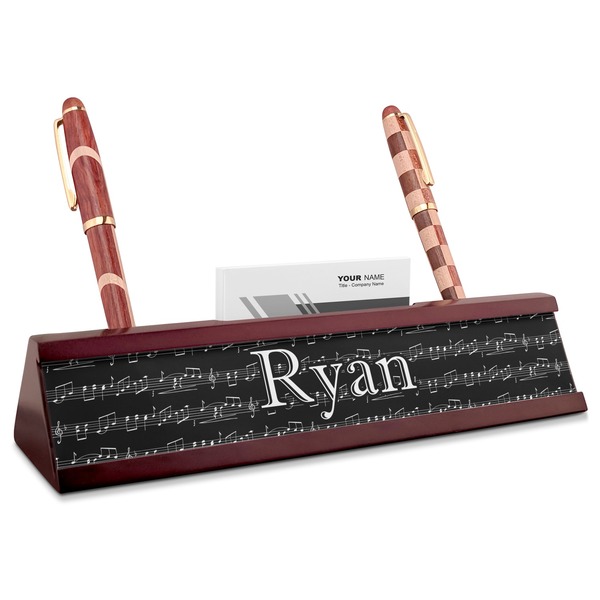 Custom Musical Notes Red Mahogany Nameplate with Business Card Holder (Personalized)