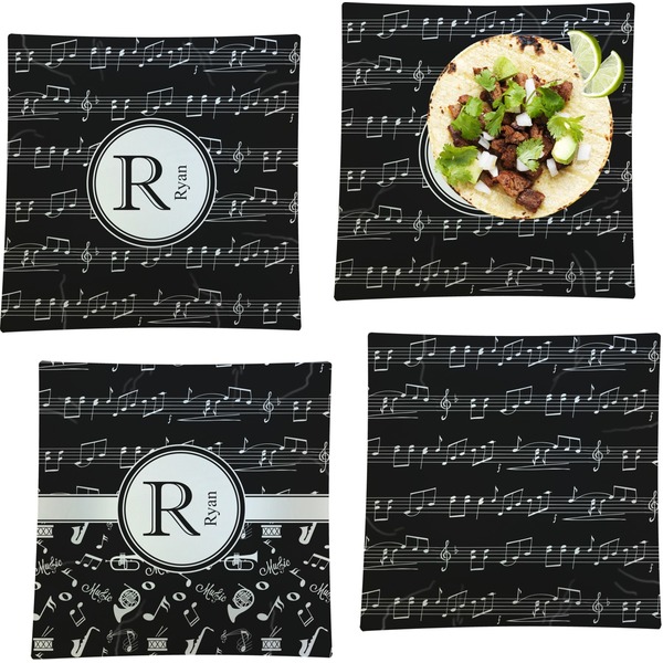 Custom Musical Notes Set of 4 Glass Square Lunch / Dinner Plate 9.5" (Personalized)