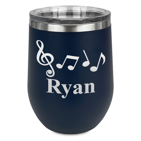 Custom Musical Notes Stemless Stainless Steel Wine Tumbler - Navy - Single Sided (Personalized)