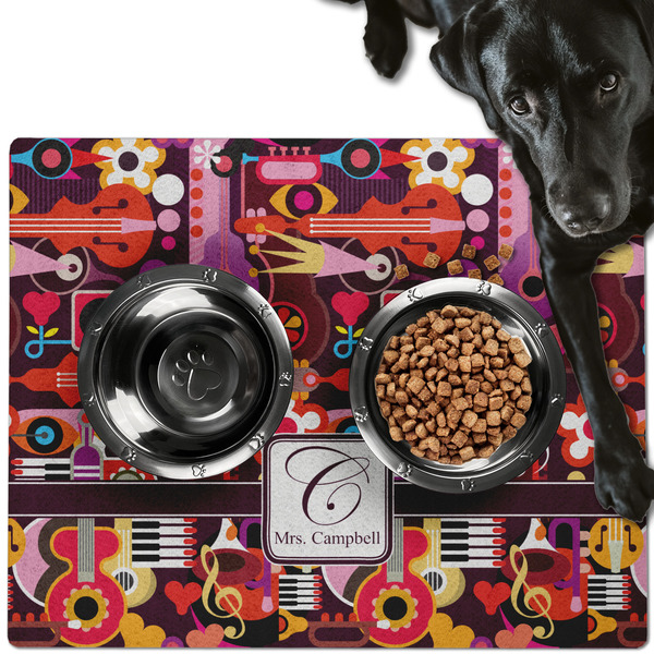 Custom Abstract Music Dog Food Mat - Large w/ Name and Initial