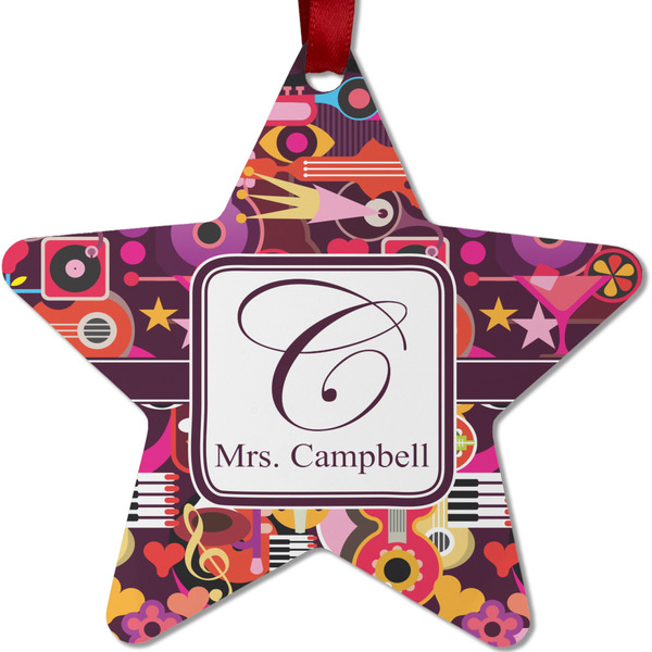 Custom Abstract Music Metal Star Ornament - Double Sided w/ Name and Initial