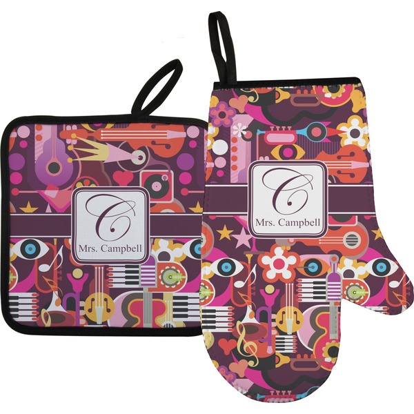 Custom Abstract Music Right Oven Mitt & Pot Holder Set w/ Name and Initial