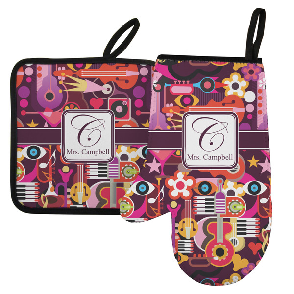 Custom Abstract Music Left Oven Mitt & Pot Holder Set w/ Name and Initial