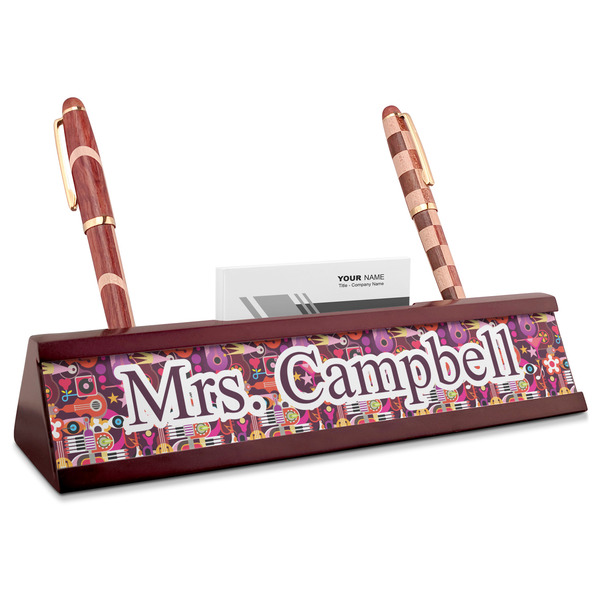 Custom Abstract Music Red Mahogany Nameplate with Business Card Holder (Personalized)
