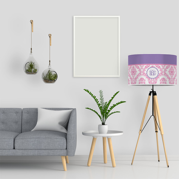 Pink, White & Purple Damask 12" Drum Lampshade - LIFESTYLE