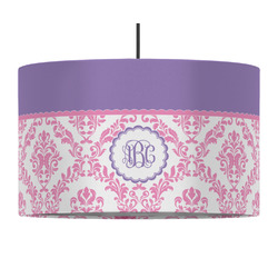 Pink, White & Purple Damask 12" Drum Pendant Lamp - Fabric (Personalized)