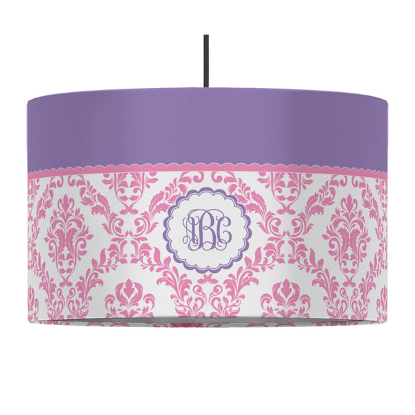Custom Pink, White & Purple Damask 12" Drum Pendant Lamp - Fabric (Personalized)