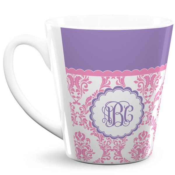 Custom Pink, White & Purple Damask 12 Oz Latte Mug (Personalized)