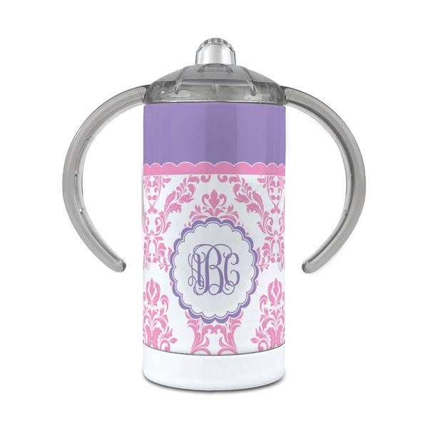 Custom Pink, White & Purple Damask 12 oz Stainless Steel Sippy Cup (Personalized)