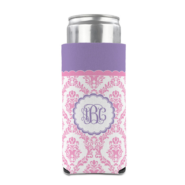 Pink, White & Purple Damask 12oz Tall Can Sleeve - FRONT (on can)