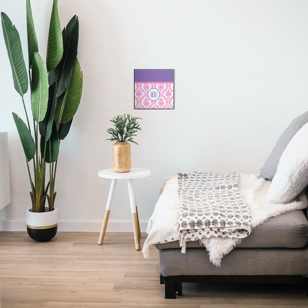 Pink, White & Purple Damask 12x12 Wood Print - In Context