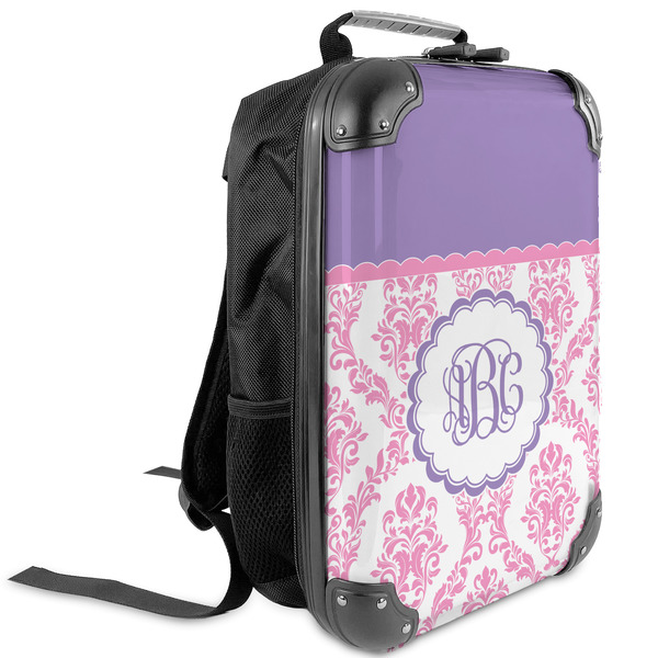 Custom Pink, White & Purple Damask Kids Hard Shell Backpack (Personalized)