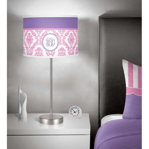 Pink, White & Purple Damask 13 inch drum lamp shade - in room