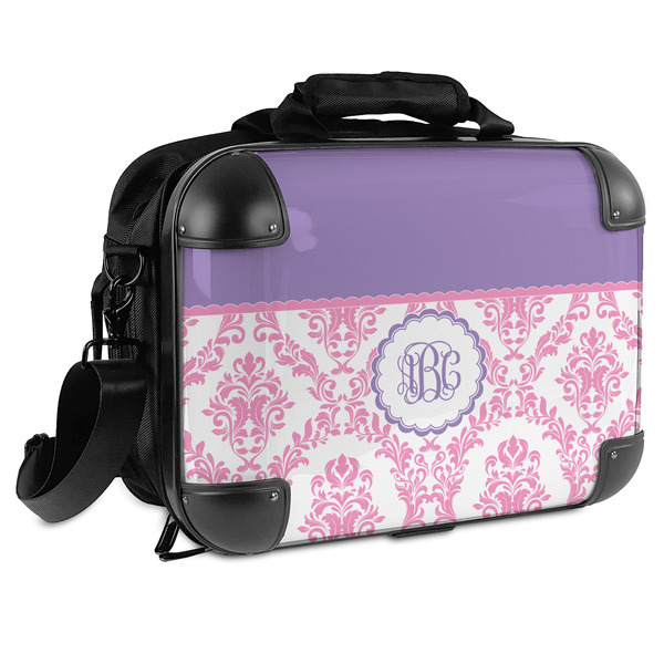 Custom Pink, White & Purple Damask Hard Shell Briefcase (Personalized)