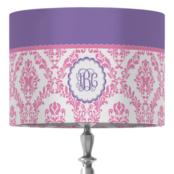 Custom Pink, White & Purple Damask 16" Drum Lamp Shade - Fabric (Personalized)