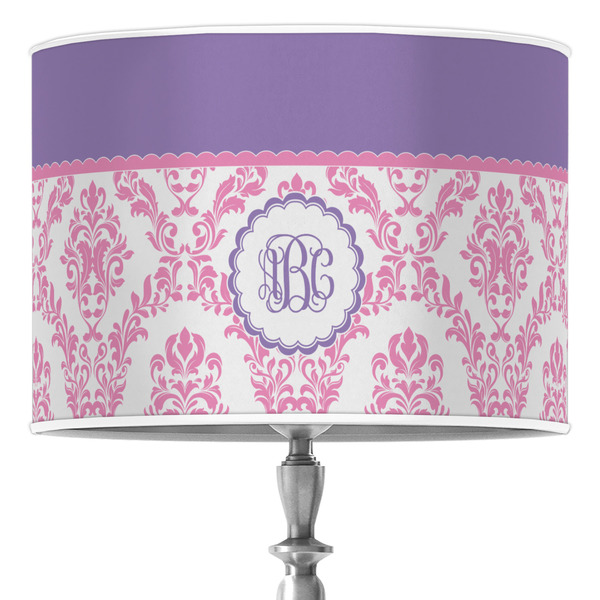 Custom Pink, White & Purple Damask 16" Drum Lamp Shade - Poly-film (Personalized)