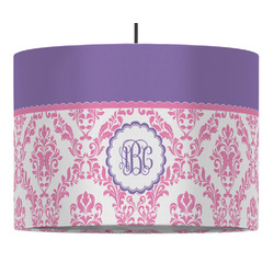 Pink, White & Purple Damask 16" Drum Pendant Lamp - Fabric (Personalized)