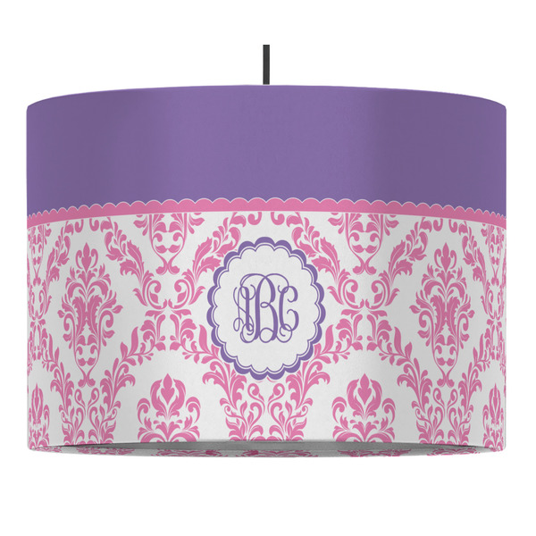 Custom Pink, White & Purple Damask 16" Drum Pendant Lamp - Fabric (Personalized)