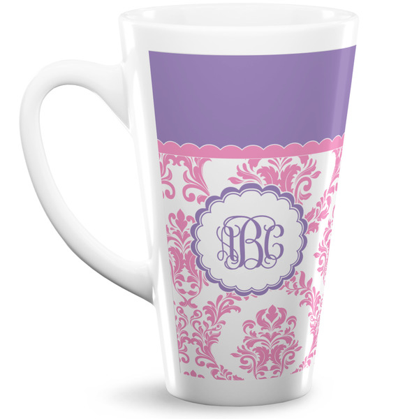 Custom Pink, White & Purple Damask 16 Oz Latte Mug (Personalized)