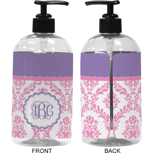 Pink, White & Purple Damask 16 oz Plastic Liquid Dispenser (Approval) - Black