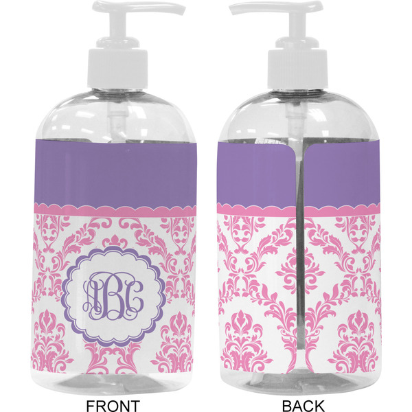 Pink, White & Purple Damask 16 oz Plastic Liquid Dispenser- Approval- White