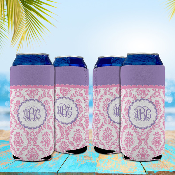Pink, White & Purple Damask 16oz Can Sleeve - Set of 4 - LIFESTYLE