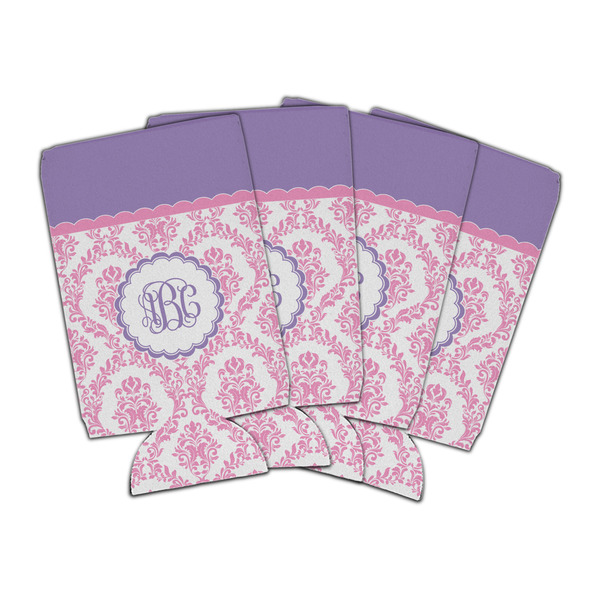 Custom Pink, White & Purple Damask Can Cooler (16 oz) - Set of 4 (Personalized)