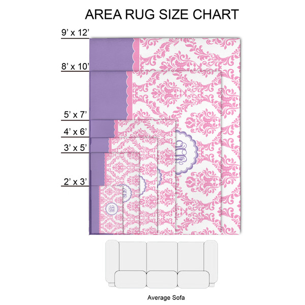 Pink, White & Purple Damask 2'x3' Indoor Area Rugs - Size Chart