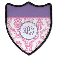 Pink, White & Purple Damask Iron On Shield Patch B w/ Monogram