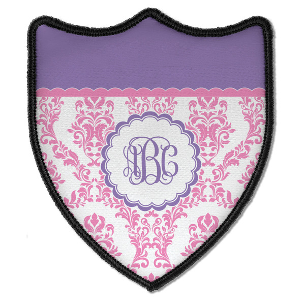 Custom Pink, White & Purple Damask Iron On Shield Patch B w/ Monogram