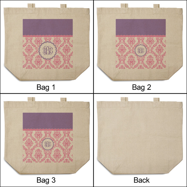 Pink, White & Purple Damask 3 Reusable Cotton Grocery Bags - Front & Back View