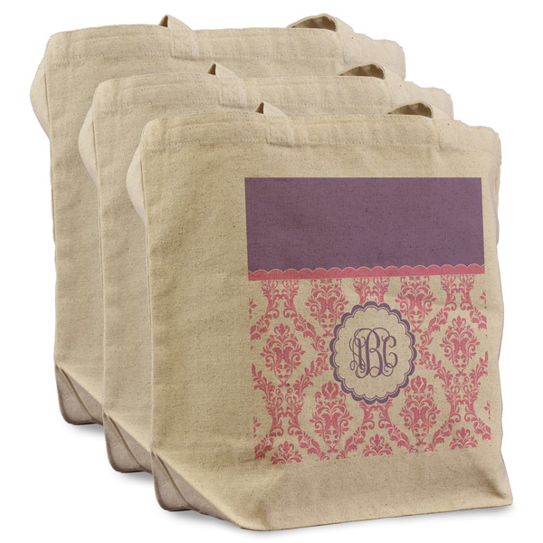 Custom Pink, White & Purple Damask Reusable Cotton Grocery Bags - Set of 3 (Personalized)