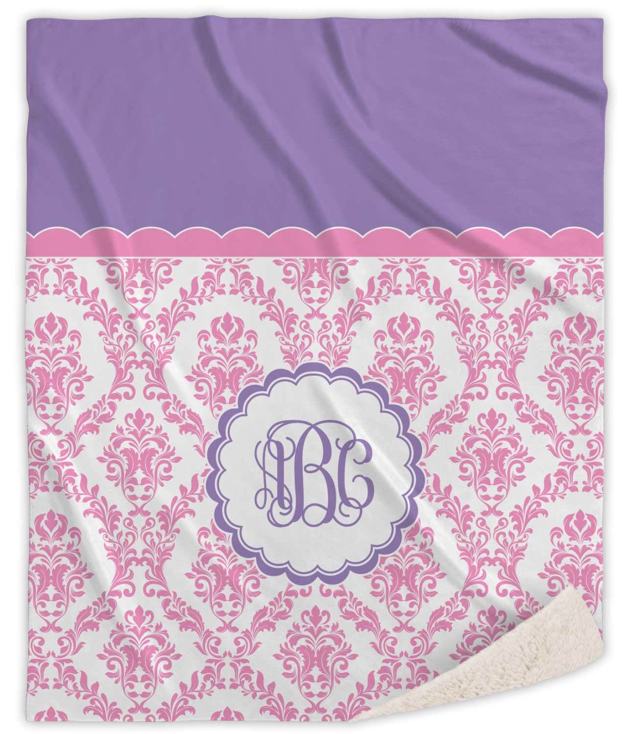 Custom Pink, White & Purple Damask Sherpa Throw Blanket (Personalized